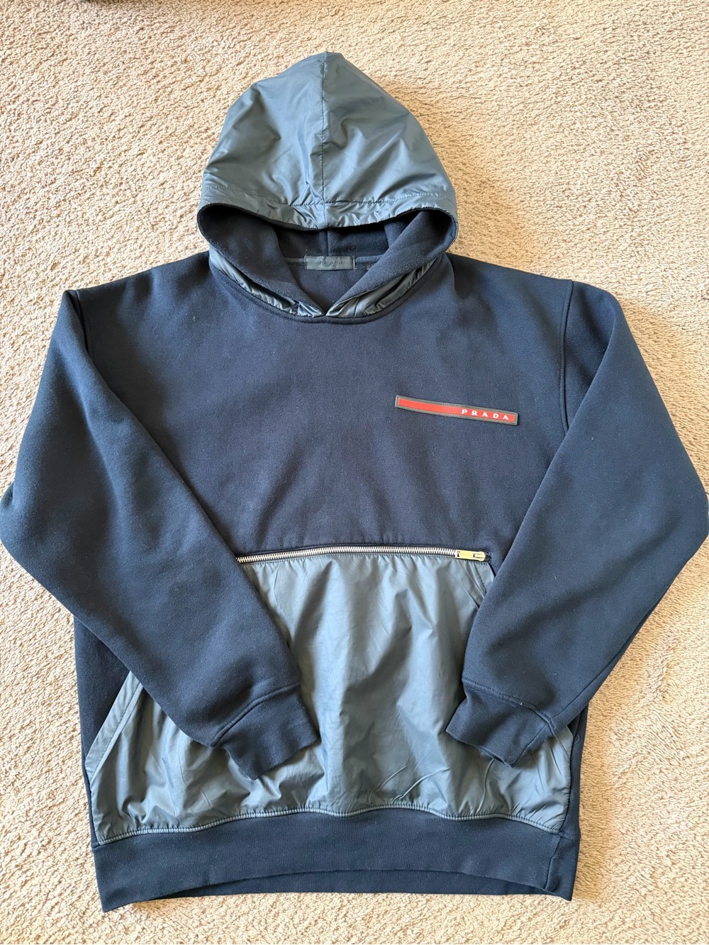 Prada Black Hooded Pullover with Nylon Pocket and Red Logo